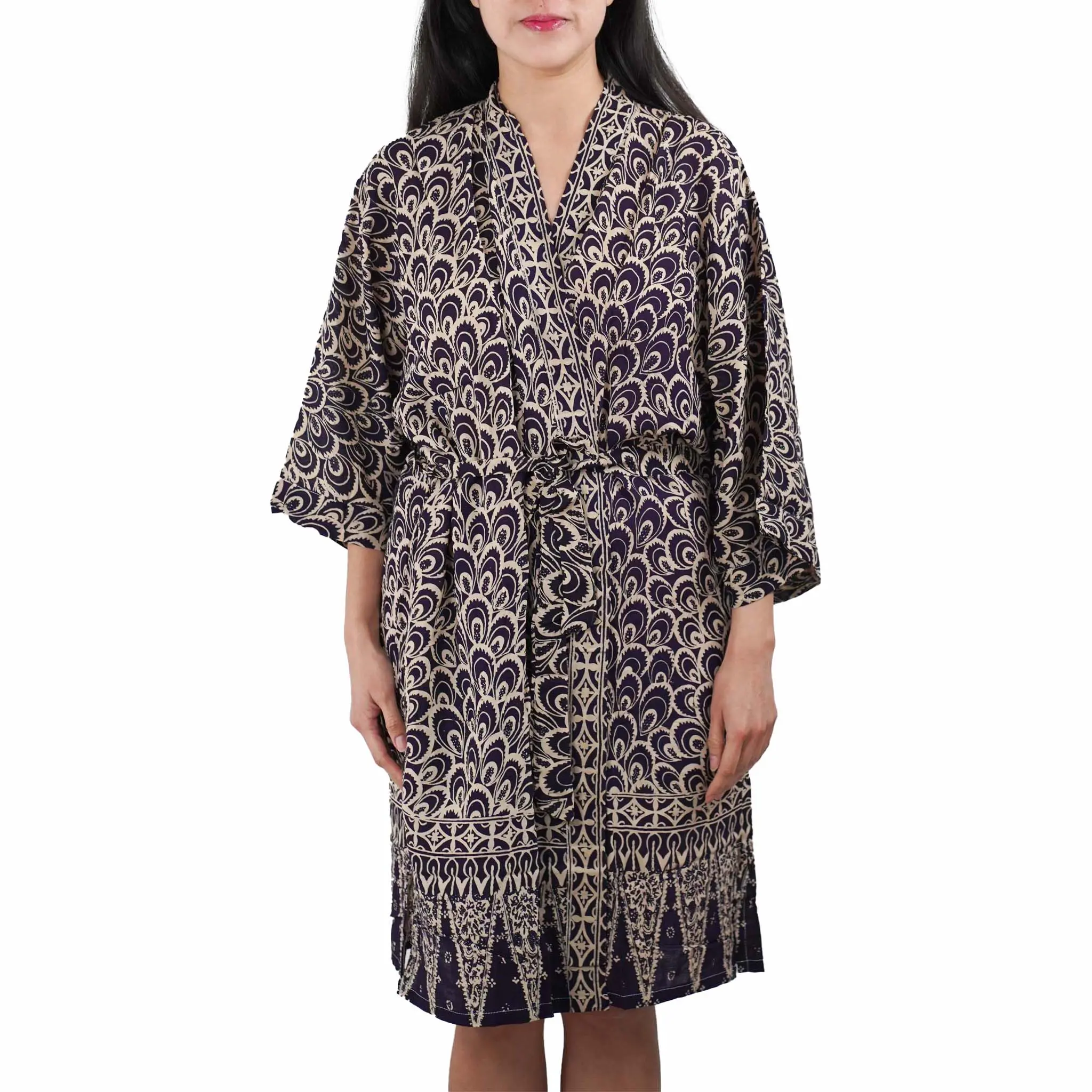 Handmade Batik Robe Kimono, 100% Cotton Soft, Hand Dyed, Black Gray Peacock Fabric Womenswear