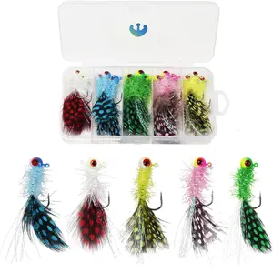 Crappie Jig Heads Kit, Lifelike Eyes Marabou Hair  Jigs with Coloured Spotted Feathers and  Hooks for Ice/Fly Fishing, Panfish Crappie Walleye Striper, 1/8 1/14 1/28 oz