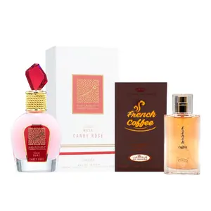 2 Pack of Musk Candy Rose Thameen Collection Eau de Parfum Spray for Women, 100ml by Lattafa and French coffee 50 ml perfume.
