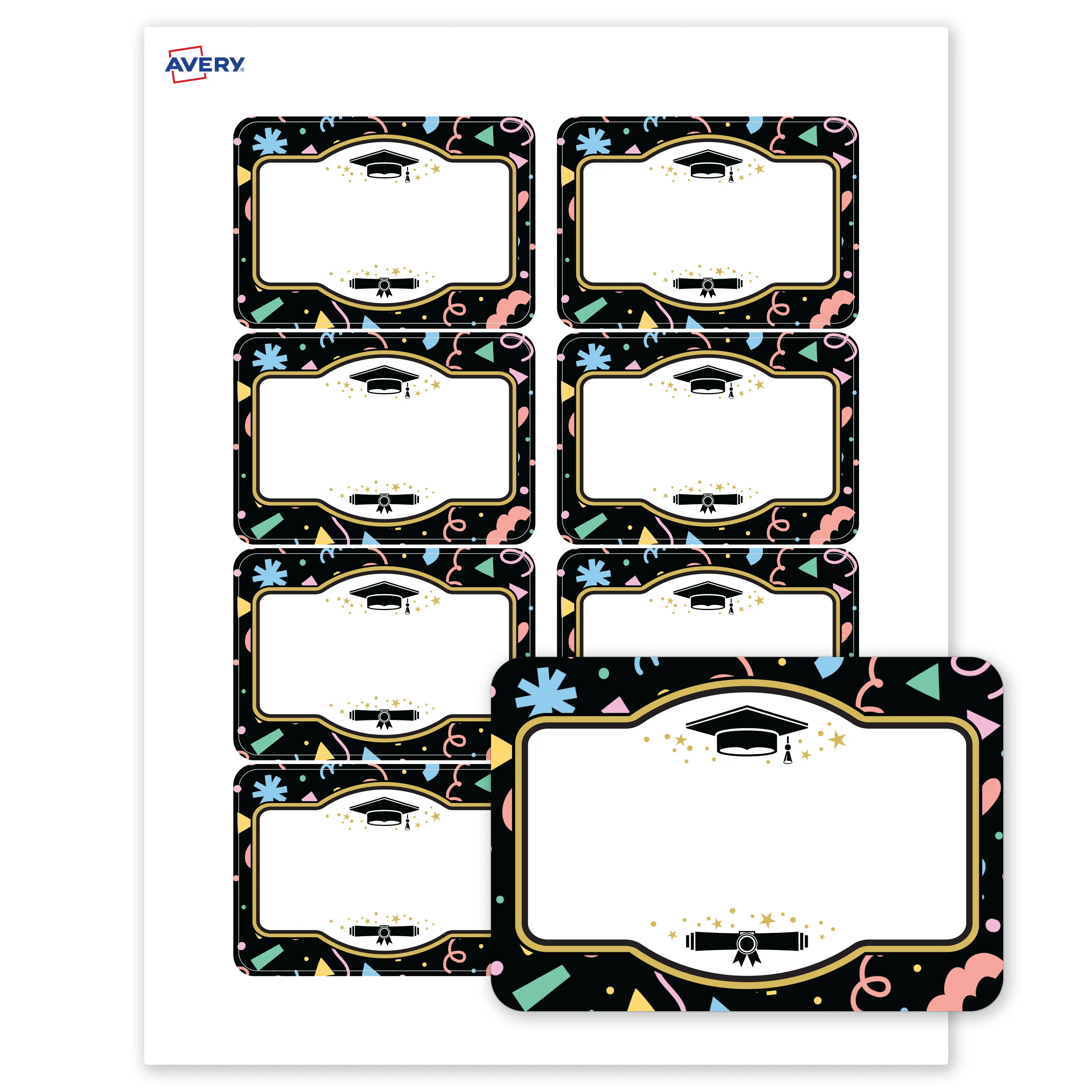 Avery® Printable Adhesive Name Tags Name Badges, 2-1/3" x 3-3/8", Matte White, Pre-printed Gold & Confetti Graduation Design Great for Grad Parties, Laser & Inkjet Compatible, 80 Total
