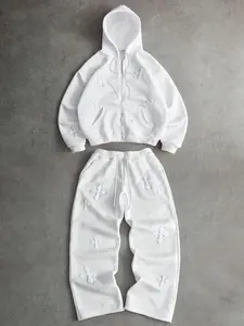 2-piece set: White embroidered cross hooded zip-up sweatshirt + straight-leg jogger set, street style design, unisex, suitable for daily outings, street fashion and casual wear