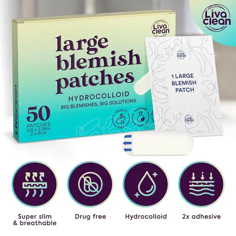 Livaclean Large Hydrocolloid Acne Pimple Patches (50CT) - Cut-to-Fit, Super Slim for Sleep, Oil Control, Breathable, Drug-Free, Strong Adhesive, Non-Toxic, Fragrance-Free, Sensitive Skin Youth Blemish Relief Care Spot Treatment