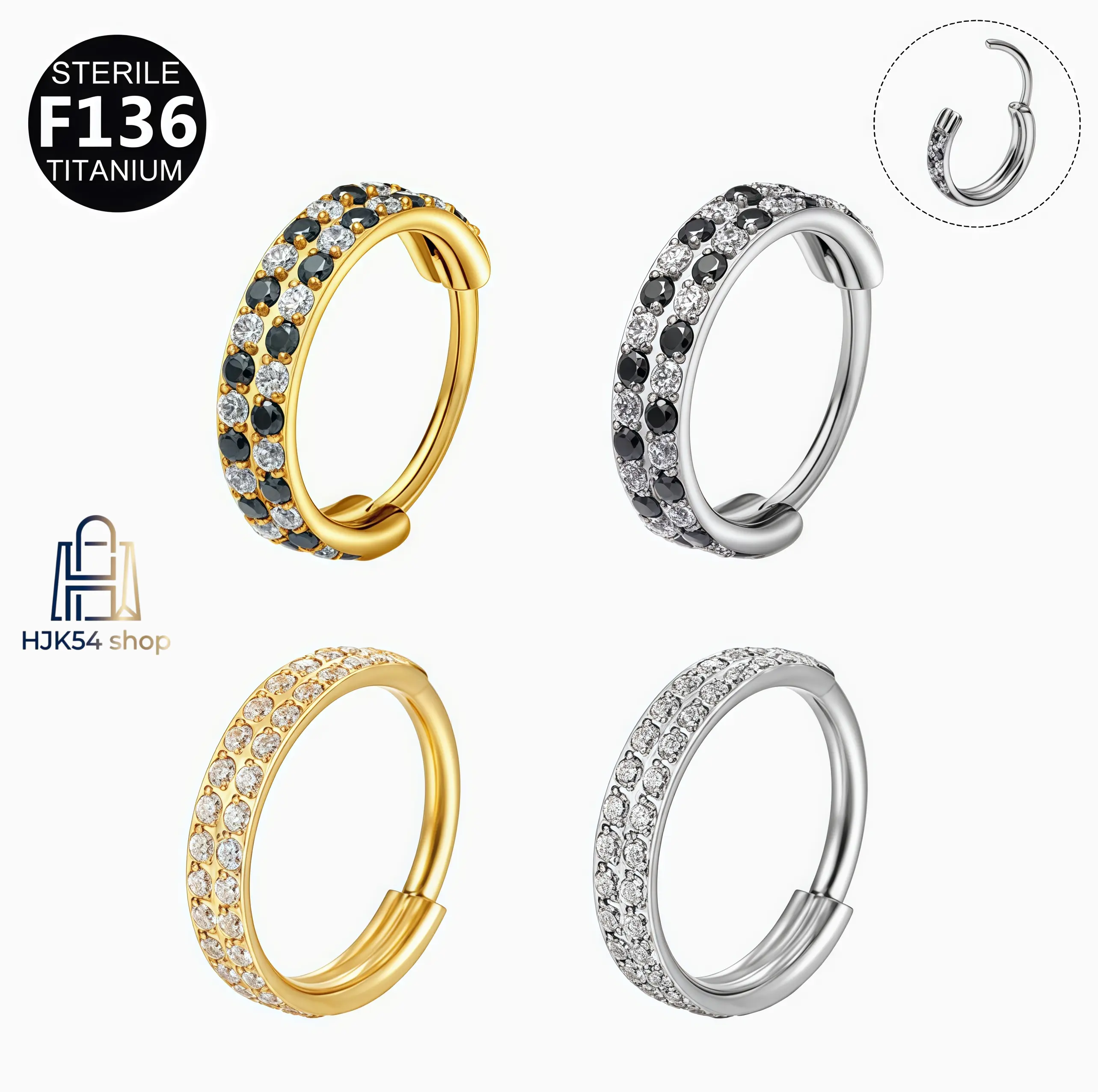 F136 Titanium Clicker Ring - Paved Cubic Zirconia Seamless Hoop, Gold/Silver Tone, Hypoallergenic Modern Unisex Jewelry for Cartilage Nose Piercings, Daily Wear for Anyone Seeking a Stylish Accessory, Everyday