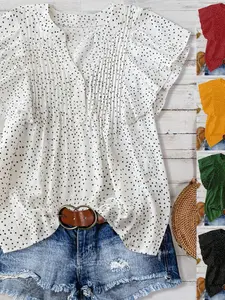 Women's Summer New Polka Dot Print V Neck Short Sleeve Shirt, Loose Fit Slimming Pleated Flutter Sleeve Top, Casual Versatile Plus Size Underwear