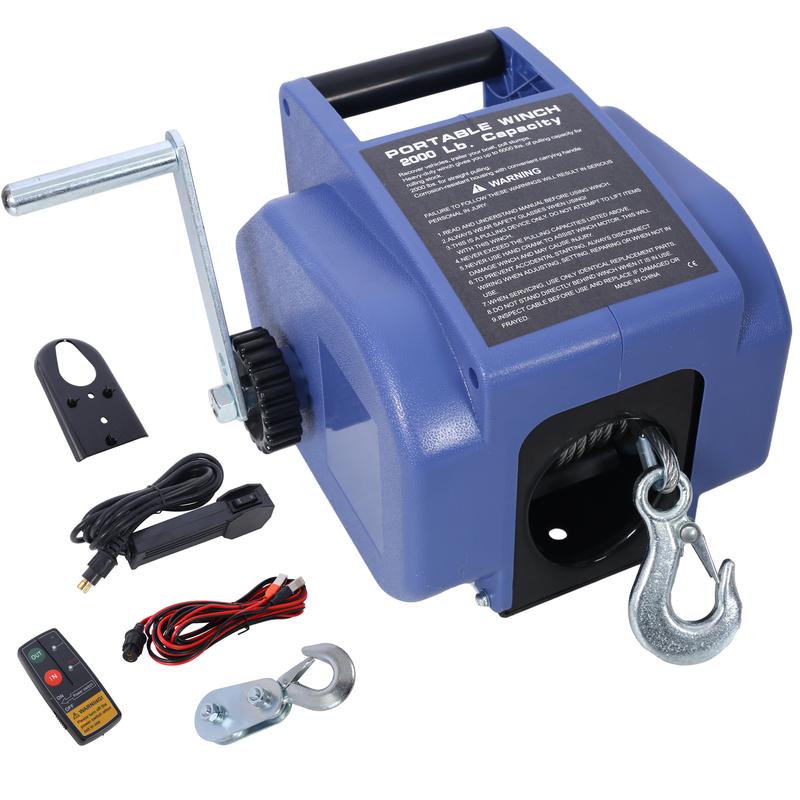 Hdmw 12v Trailer Winch,Reversible Electric Winch, for Boats up to 5000 lbs, Galvanized Wire Rope, with extra pulley hook, Rapid Mount, wirelss remote control,power in and power out.blue plastic casing