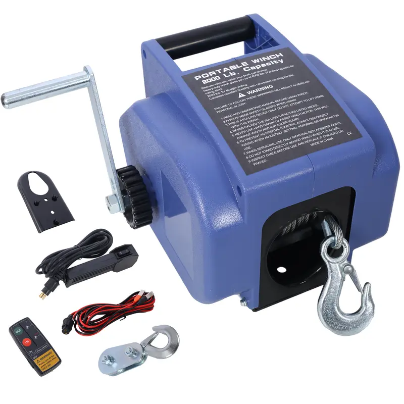 Hdmw 12v Trailer Winch,Reversible Electric Winch, for Boats up to 5000 lbs, Galvanized Wire Rope, with extra pulley hook, Rapid Mount, wirelss remote control,power in and power out.blue plastic casing