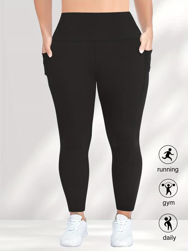 Women's 4-Pack High-Waisted Polyester High-Stretch Leggings with Pockets - Lightweight Athletic Plus-Size Wear for Yoga, Gym Workouts, All Seasons Women's 4-Pack High-Waisted Polyester High-Stretch Leggings with Pockets - Lightweight Athletic Plus-Size Wear for Yoga, Gym Workouts, All Seasons