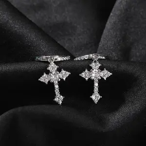 Cross Hoop Dangle Earrings  Men 925 Sterling Silver 5A+ Cubic Zirconia 14K Gold Hypoallergenic Cross Hoop Cuff Huggie Drop Earrings  Men Women Silver