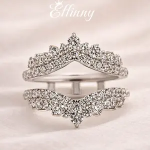 Effinny Jewelry Double Row Chevron Round Cut Ring Enhancer, 925 Sterling Silver V Shaped Curved Wedding Band For Engagement Rings