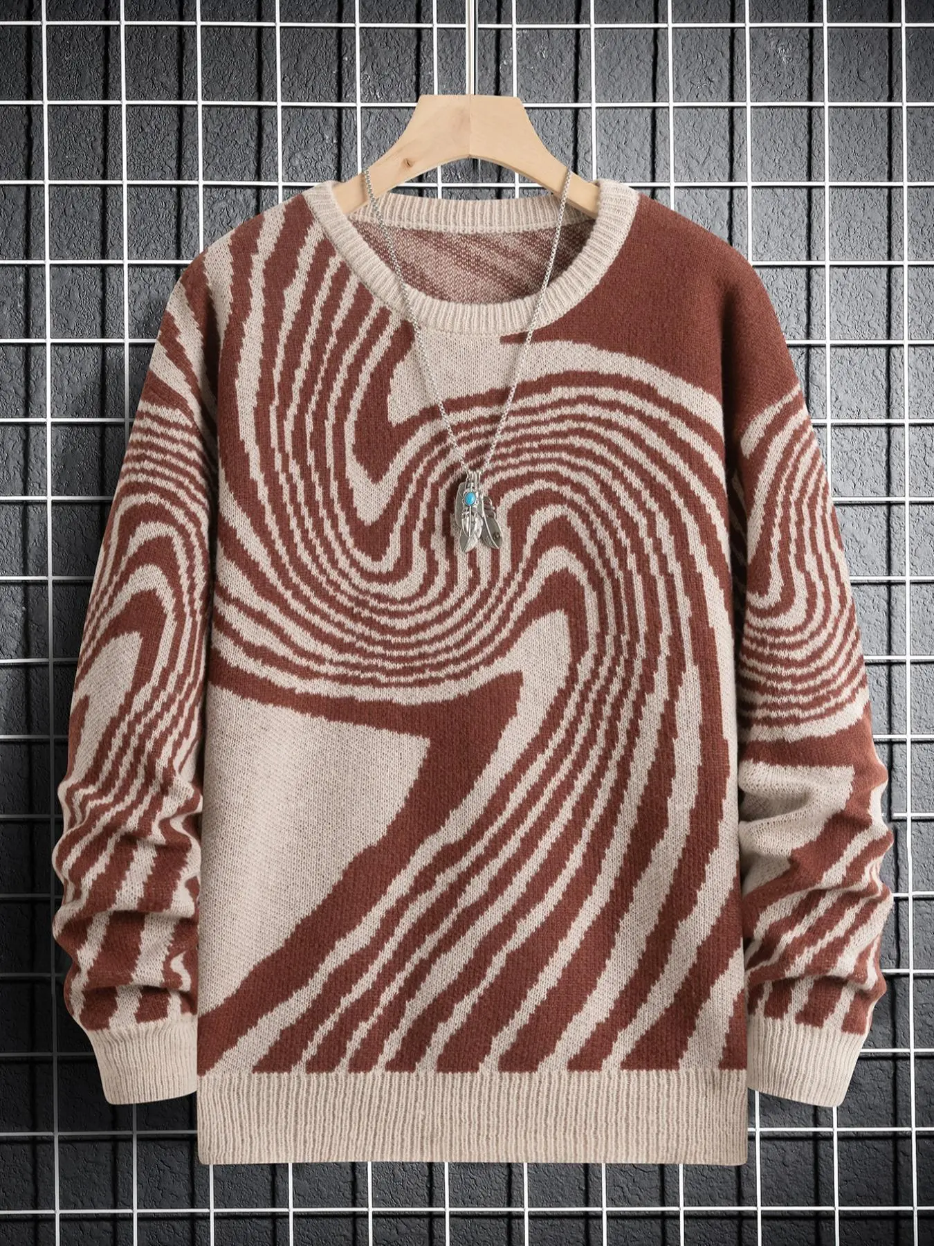 Unisex Soft High-Quality Knit Sweater, Casual Warm Round Neck Pullover for Autumn Winter, Fashion Irregular Curve Pattern Design