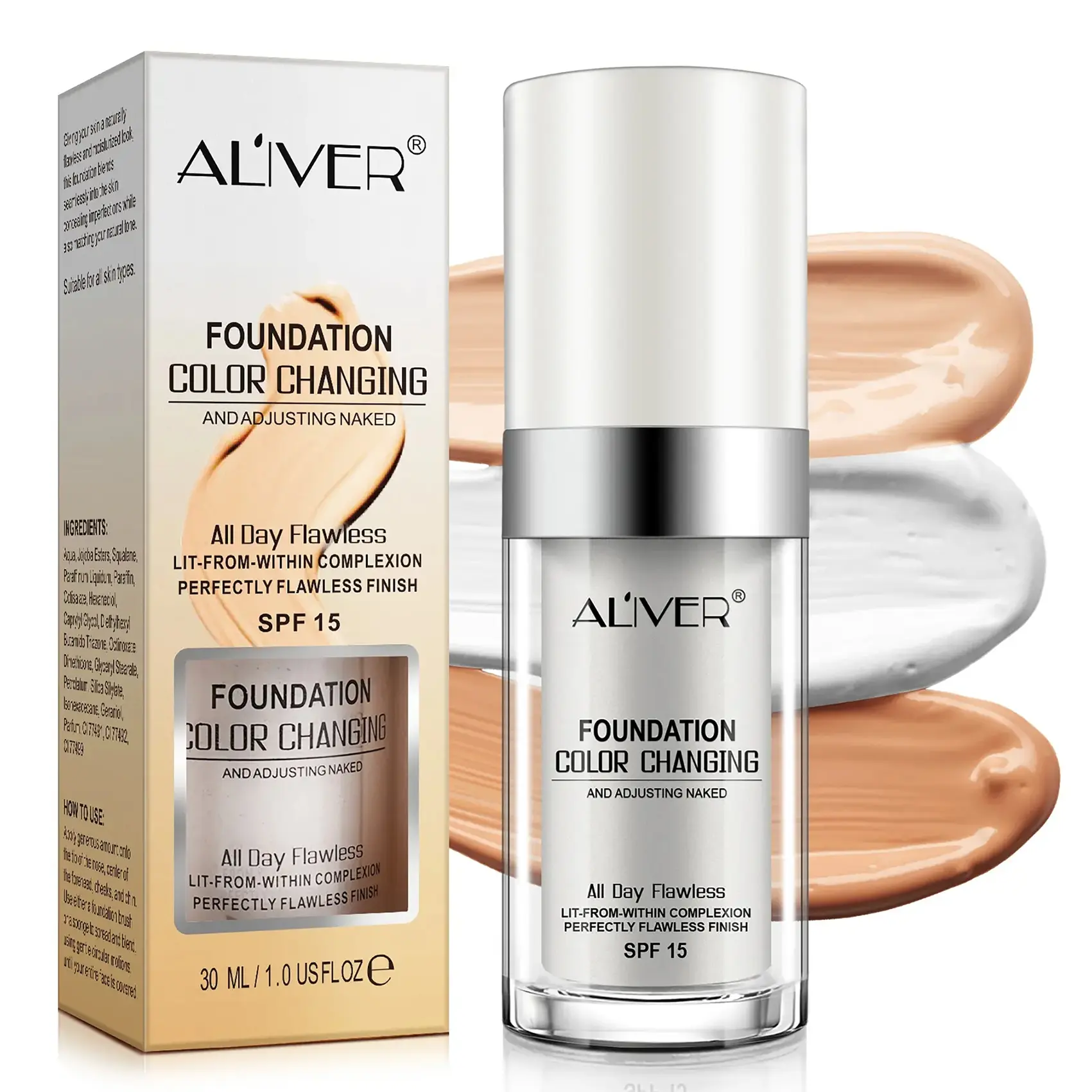 30ML Aliver Concealer Foundation Liquid, Sweatproof Waterproof Long-Lasting Hydrating Makeup, Warm Tone Brightening Skin Color