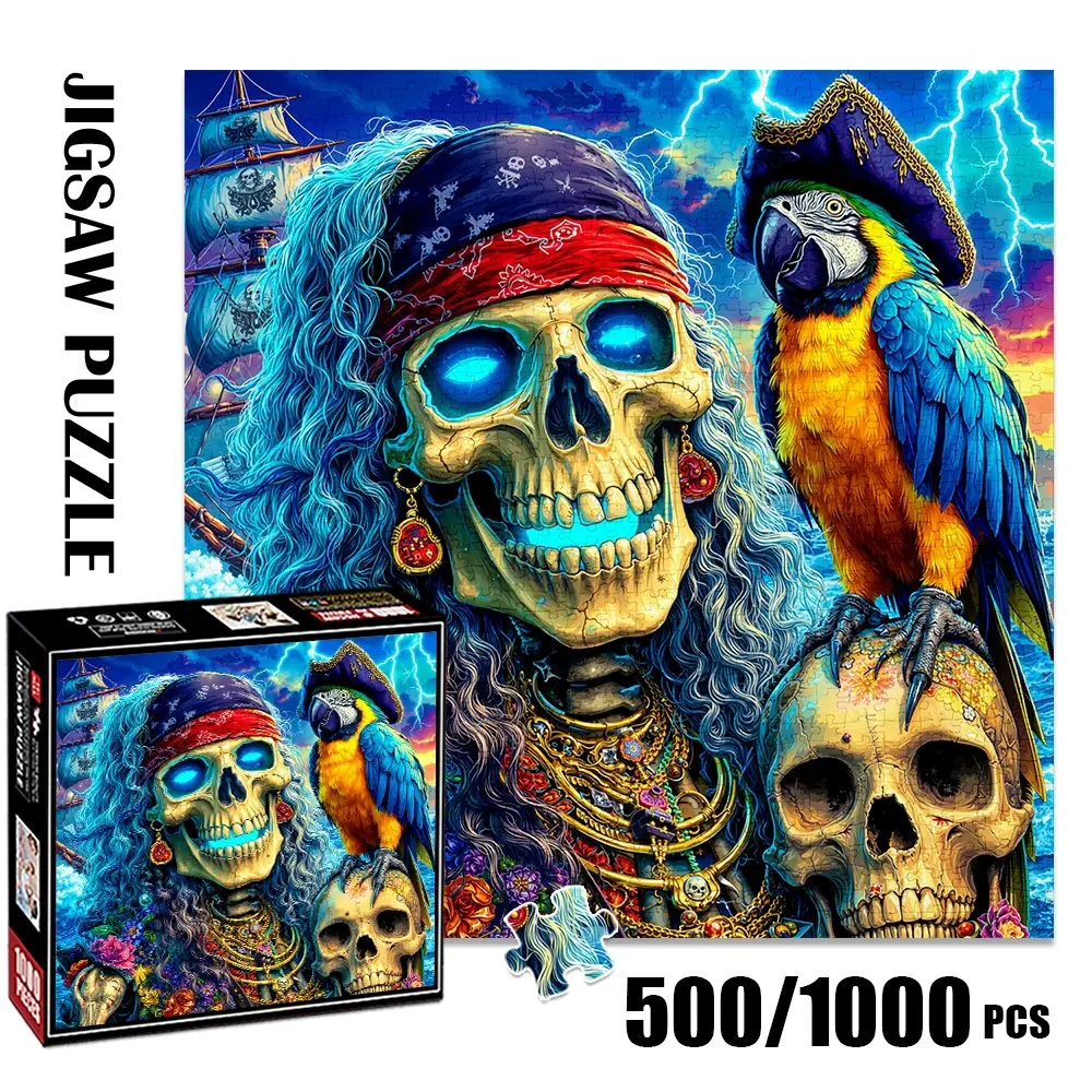 1pc 1000 piece adult puzzle 58x58cm Pirate Skull with Parrot and Pirate Ship500 pieces of paper puzzle, suitable for adults and families, large-scale DIY puzzle interactive toy games, birthday Holiday holi