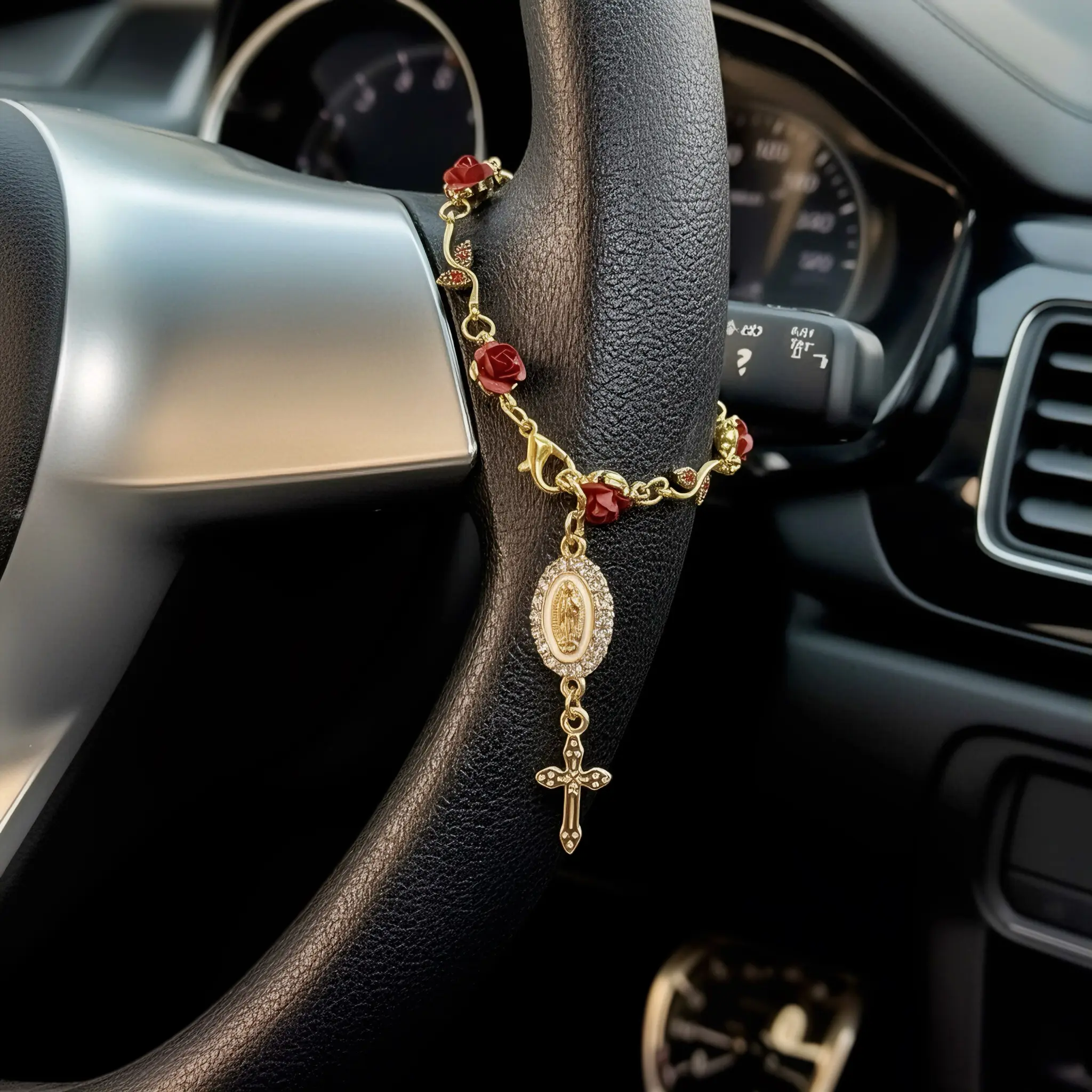 Rose Beaded Car Steering Wheel Cover, Religious Hanging Accessory for Car Decoration, Cross Pendant Suitable for Men and Women, Car Ornaments