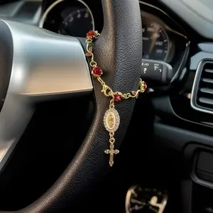 Rose Beaded Car Steering Wheel Cover, Religious Hanging Accessory for Car Decoration, Cross Pendant Suitable for Men and Women, Car Ornament