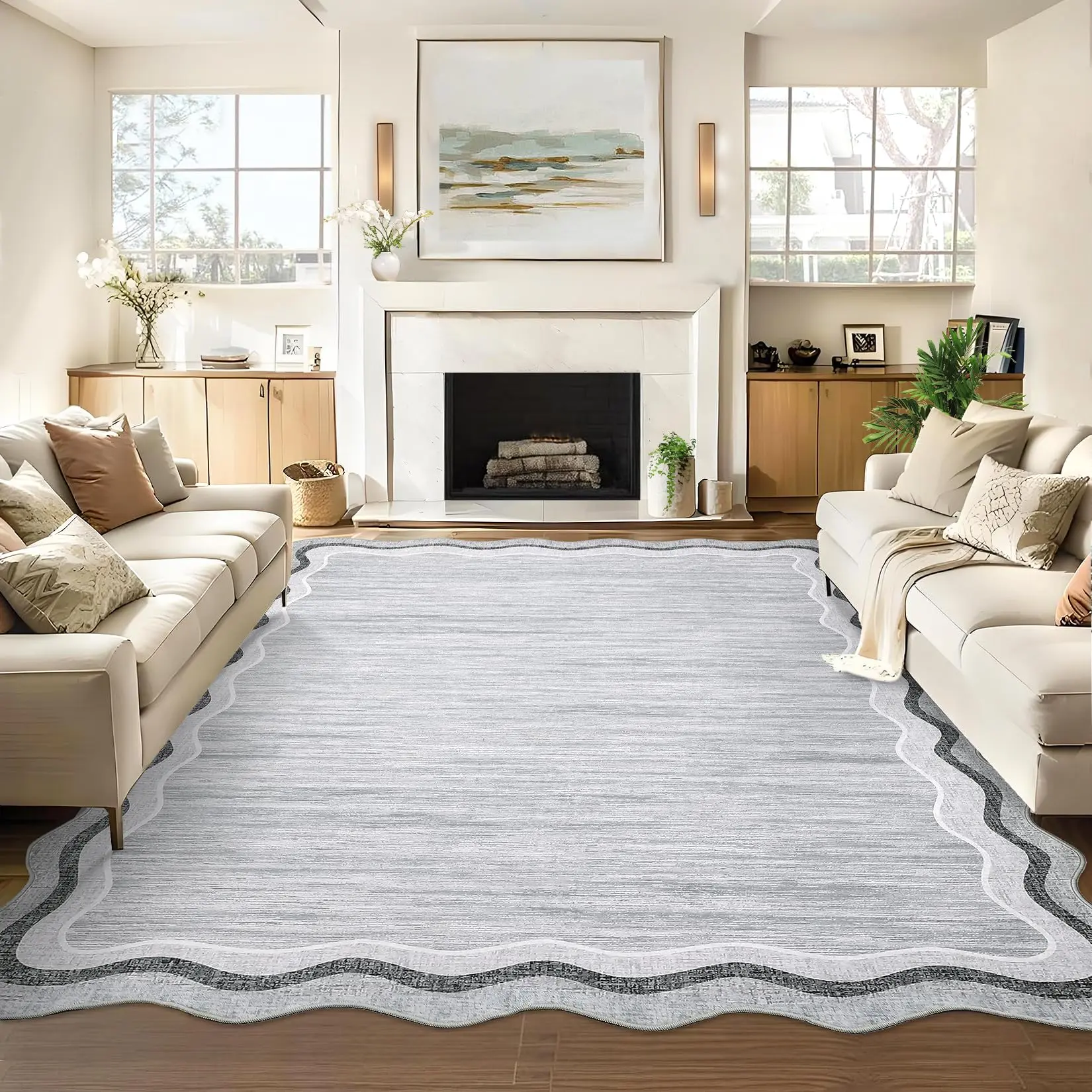 Garvee Scalloped Rug 9x12 - Large Modern Solid Color Rug with Non-Slip Backing, Non-Shedding, Stain Resistant Border for Living Room, Nursery, Bedroom, Dining Room in Grey
