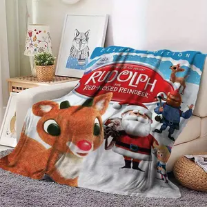 Rudolph the Red-Nosed Reindeer Digital Print Flannel Fleece Blanket - Soft Cozy All-Season Nap Blanket, Polyester Knit, Mixed Colors, Anime Style, Perfect Birthday Gift, Home Kitchen Bedding