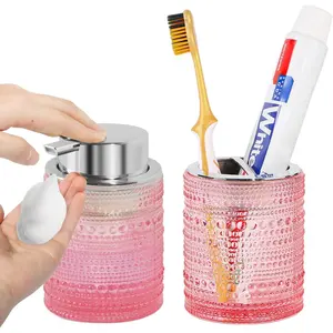 Pink Bathroom Accessory Set, Glass  Holder and Foaming Soap Dispenser, Bathroom Soap and  Holder Set,  Brush Cup Countertop Organizer for Brushes, , Razor