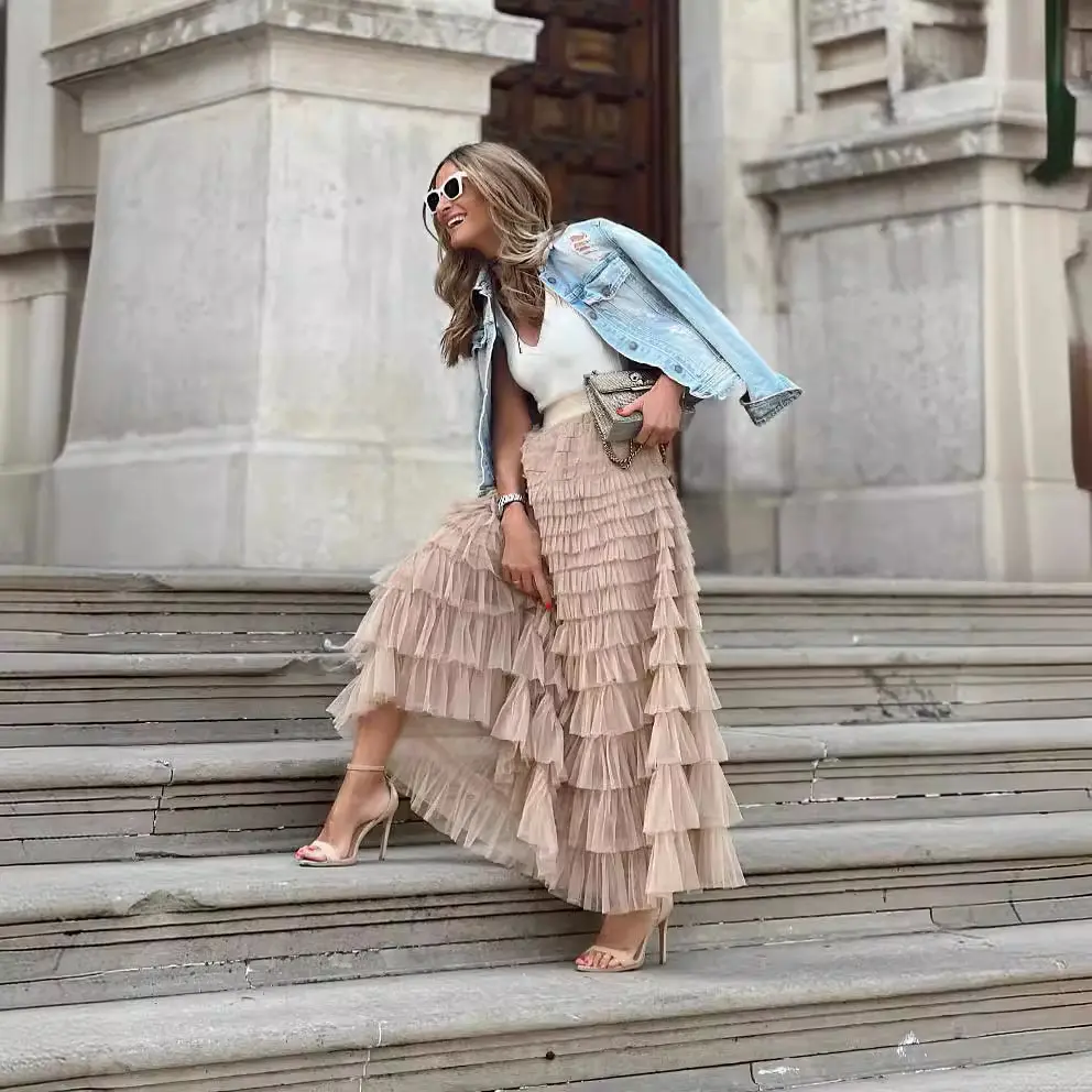 2025 Womens Long Maxi Tulle Skirt A Line Ruffle Mesh High Waisted Tiered Layered Skirts Petticoat
