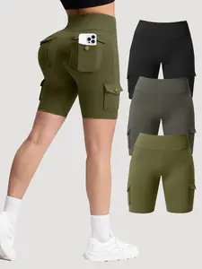 CHRLEISURE 3PCS Women High Waisted Cargo Shorts With Pockets Gym Running Shorts bike Shorts For Women fitness summer