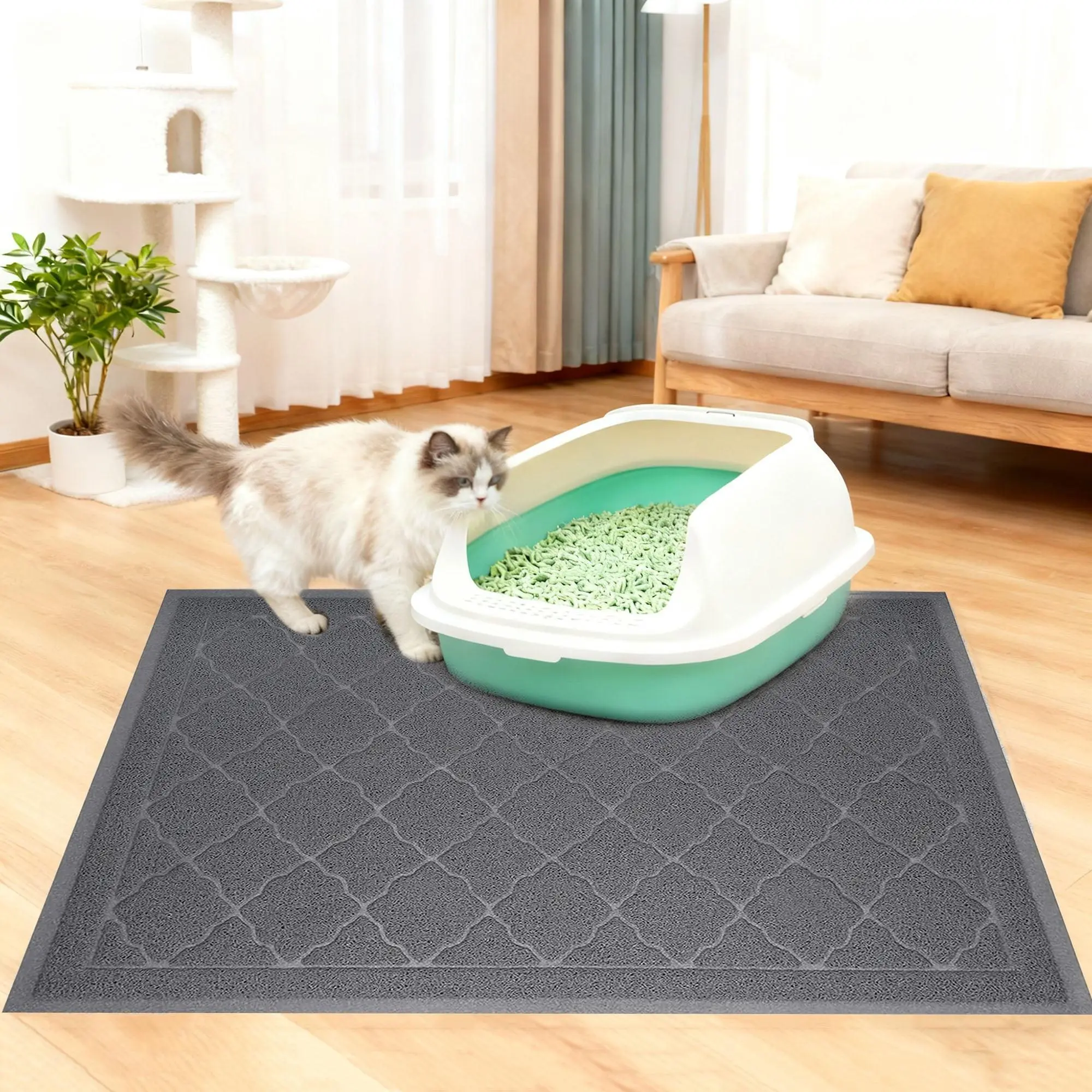 Non-Slip Litter Mat, 35"x23" Easy-to-Use Gray Pet Supply, Debris Trapper, Reduces Mess for Cat Box