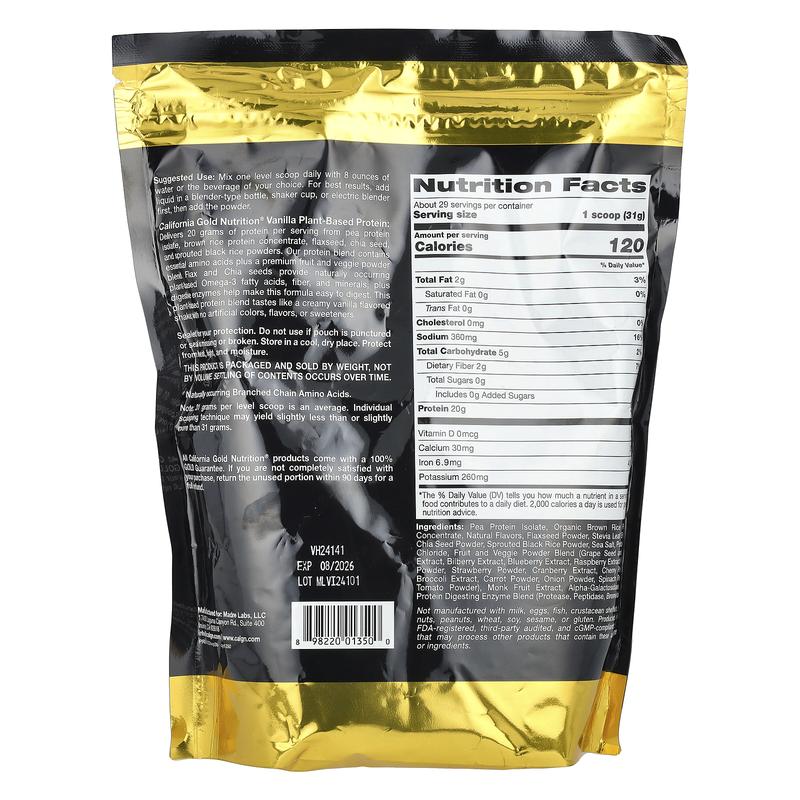 California Gold Nutrition Sport, Vegan Protein with Pea Protein Isolate and Brown Rice Protein, Vanilla, 2 lb (907 g)