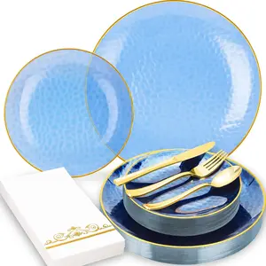 150 Pcs Blue Dinnnerware Set for 25 Guests - Clear Blue Disposable with Gold Trim - Fancy Disposable for Wedding Birthday Graduation