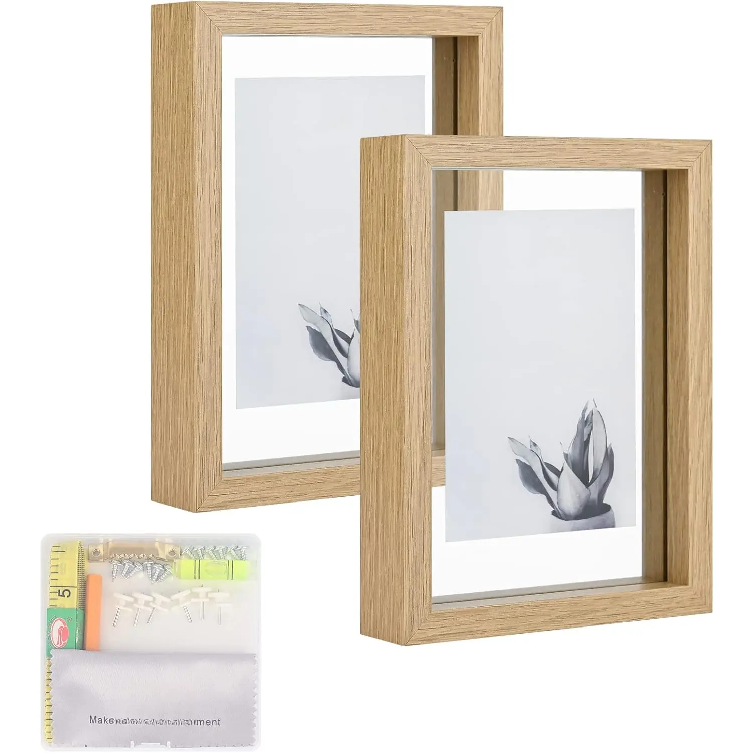 5x7 Floating Frame Set of 2,Double Glass Rustic Photo Frame for Wall Hanging or Tabletop Standing,Also Display 4x6 or 3x5 Photo for Floating Effect,
