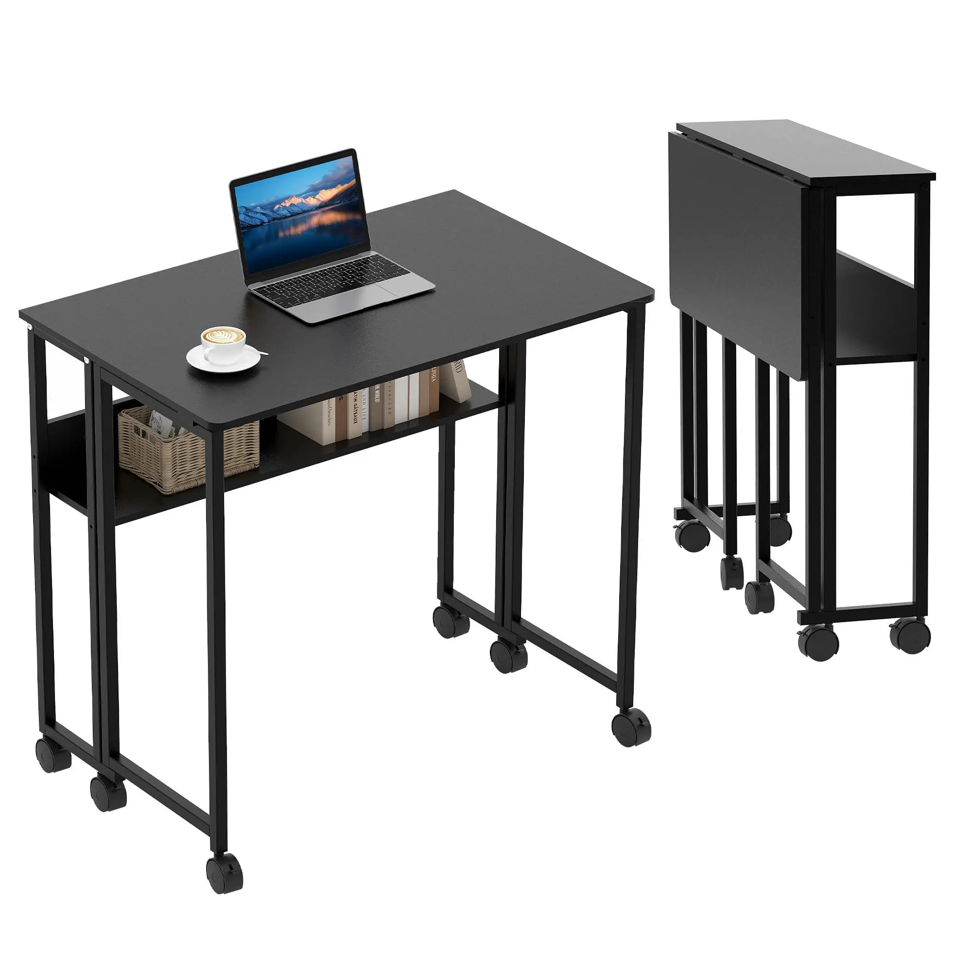 Folding Desk Small Rolling Desk with Storage Shelf,31.5 Inch Foldable Computer Table with Wheels,Portable Office Desk for Small Space Sofa Table,Easy to Fold,Writing Work Office Computer Desk,Black