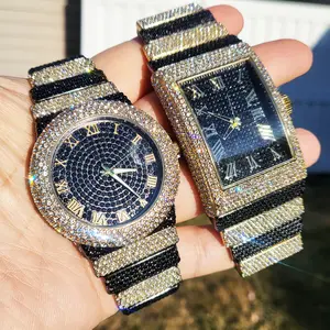 Hip Hop Watch Men Full Iced Band Luxury Bling Gold & Black Two Tone Chandelier Simulated Diamond Bracelet Analog Luxury Casual