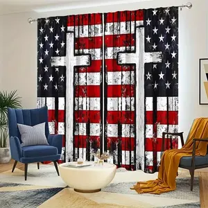 2 pieces of high-definition digital American flag and cross design printed curtains. Made of polyester, semi-transparent material, machine washable. Suitable for bedrooms, living rooms and home decoration.