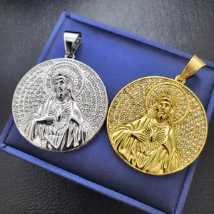 Stainless Steel Holy Jesus Medal Iced Hip Hop CZ Fashion Charm Bling Pendant Religious