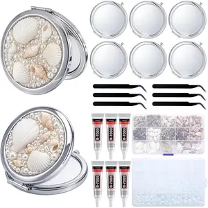 6 Set Seashell Compact Mirror DIY Creative Coastal Compact Mirror Kit with Mix Flatback Rhinestones Half  Small  Shell Decoration for Women Bride Party Favor