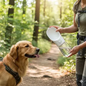 Pet Outdoor Water Bottle, Portable Pet Travel Cup, 550ML Capacity, Universal for Cats and Dogs, Camping Hanging Water Dispenser with Storage Bowl