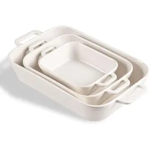 Relief Casserole Dishes for Oven, Ceramic 9x13 Baking Pans Set for Cooking, Cake, Banquet and Daily Use, Rectangular Porcelain Bakeware Set, Deep Lasagna Pan with Handles(White)