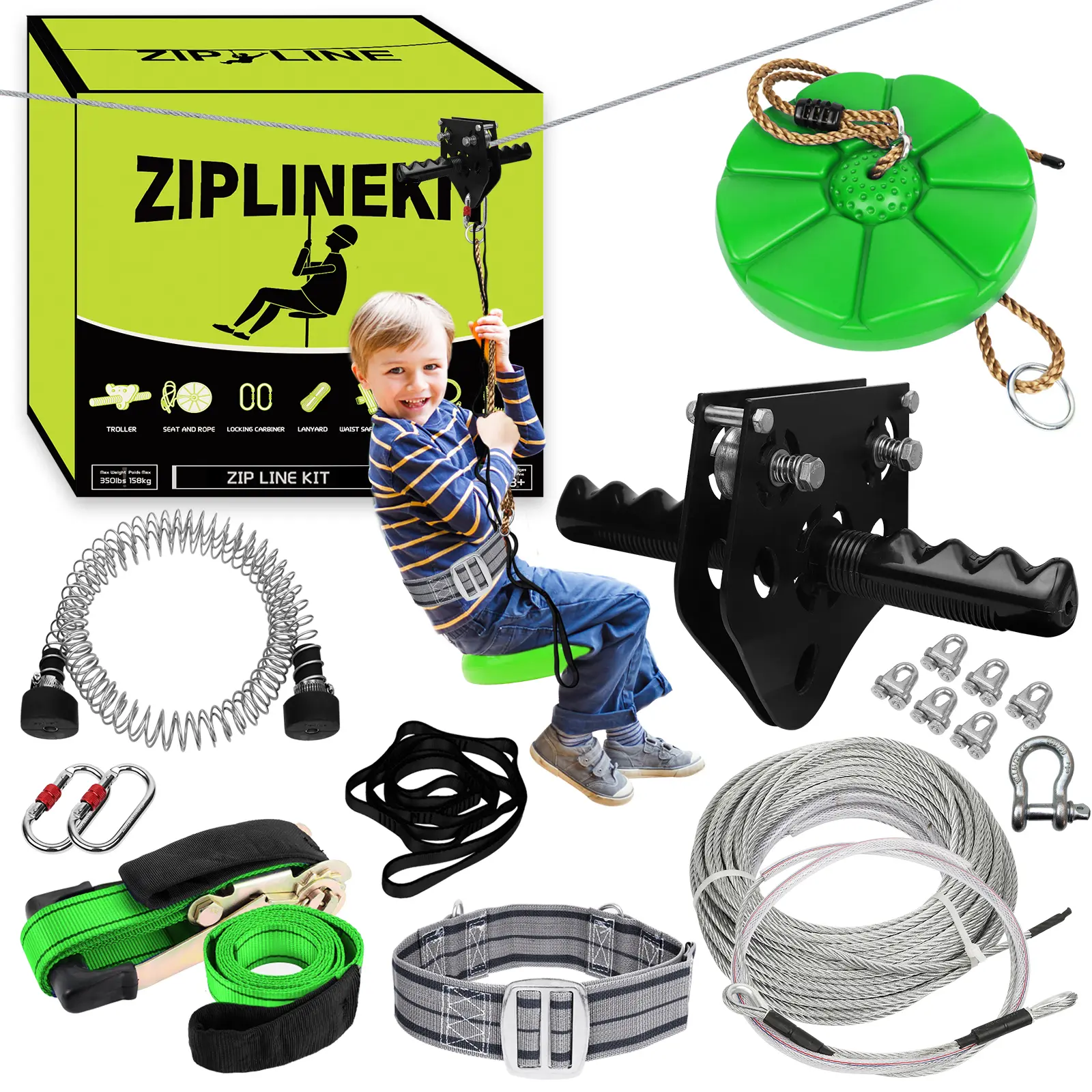 200FT Unisex Backyard Climbing Zip Line Kit, Heavy-Duty Stainless Steel Line with Spring Brake & Safety Harness, 400 lbs Weight Capacity for Toddlers & Adults, Toddler, Kids & Adults