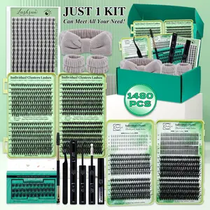 1480PCS/650PCS/640PCS/154PCS/36PCS Lash Clusters Kit D Curl 9 Styles Bottom/Spikes/Natural/Anime Lashes Kit with Bond&Seal Lash Remover Brush Lash Applicator Headband Wristband set, Individual Eyelash Kit, Perfect for Beginners&Proficient, DIY at Home