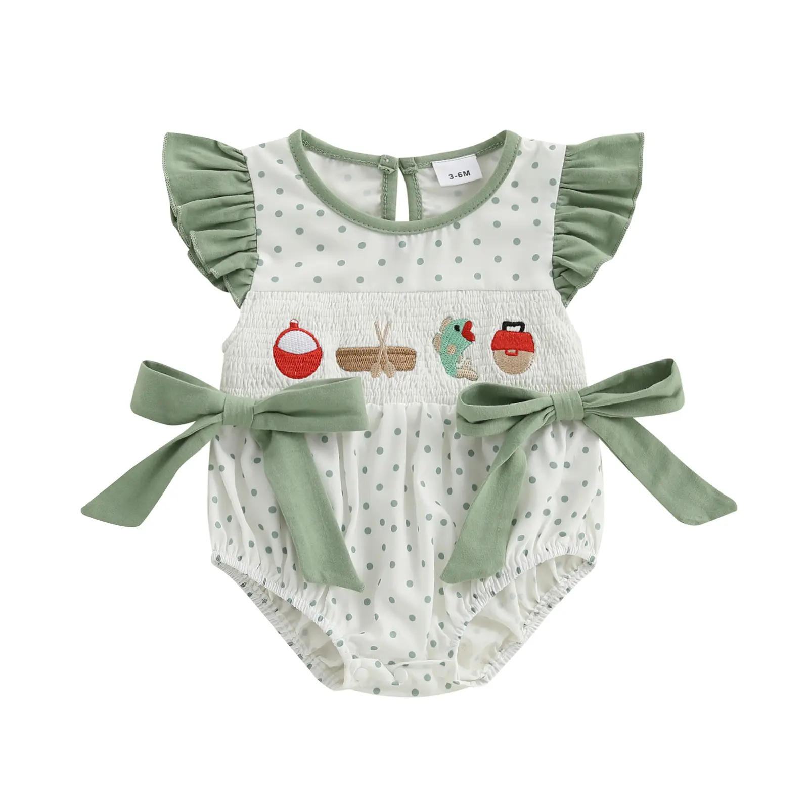 Newborn Baby Girl Infant Bodysuit - Dot Print Flying Sleeve, Fish Embroidery, Smocked Bubble Romper, Summer Newborn Outfits