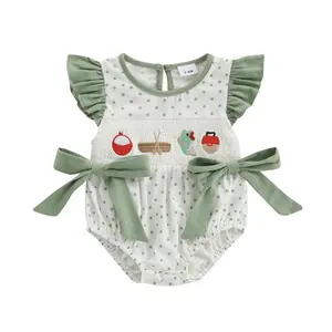 Newborn Baby Girl Fishing Outfit Dot Print Flying Sleeve Fish Embroidery Smocked Bubble  Romper Infant Summer Clothes