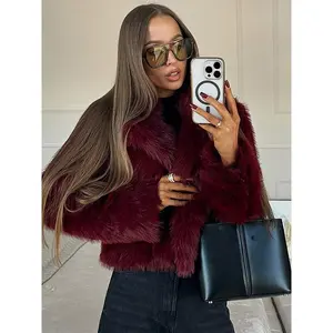 New Women’s Retro Burgundy Faux Fur Jacket with Turn-Down Collar, Long Sleeves, Short Warm Fit, Elegant Solid Color, Loose High-Street Style