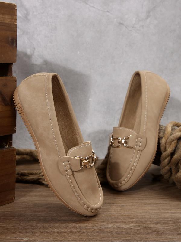Women's Casual Round Toe Loafers, All-Season Slip-On Shoes, Comfortable Walking Flats, Metal Buckle Decor, Ideal for Work & Daily Wear
