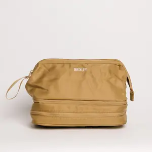 Tan Brixley Toiletry Bag with 3 Compartments & Brush Holder for Travel & Everyday Use Durable Water-Resistant Material 11x6x8 Inches