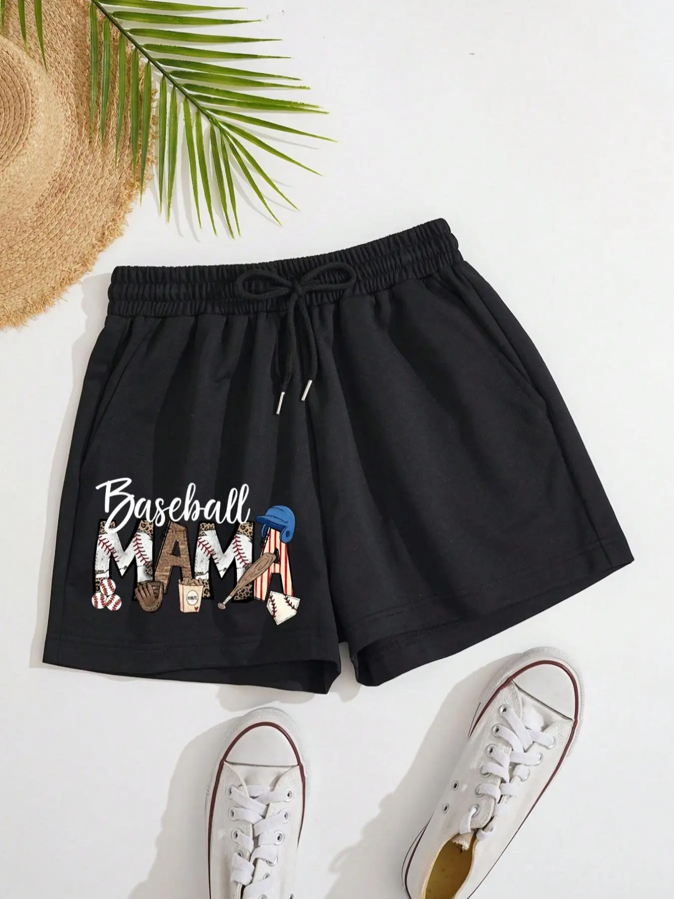 Women's Baseball Mom Slogan Print Round Neck Shorts, Comfy Shorts for Summer, Casual Loose Short, Casual Fashionable Shorts, Ladies Bottoms for Daily Wear, Casual Relaxed Shorts, Athleisure Shorts