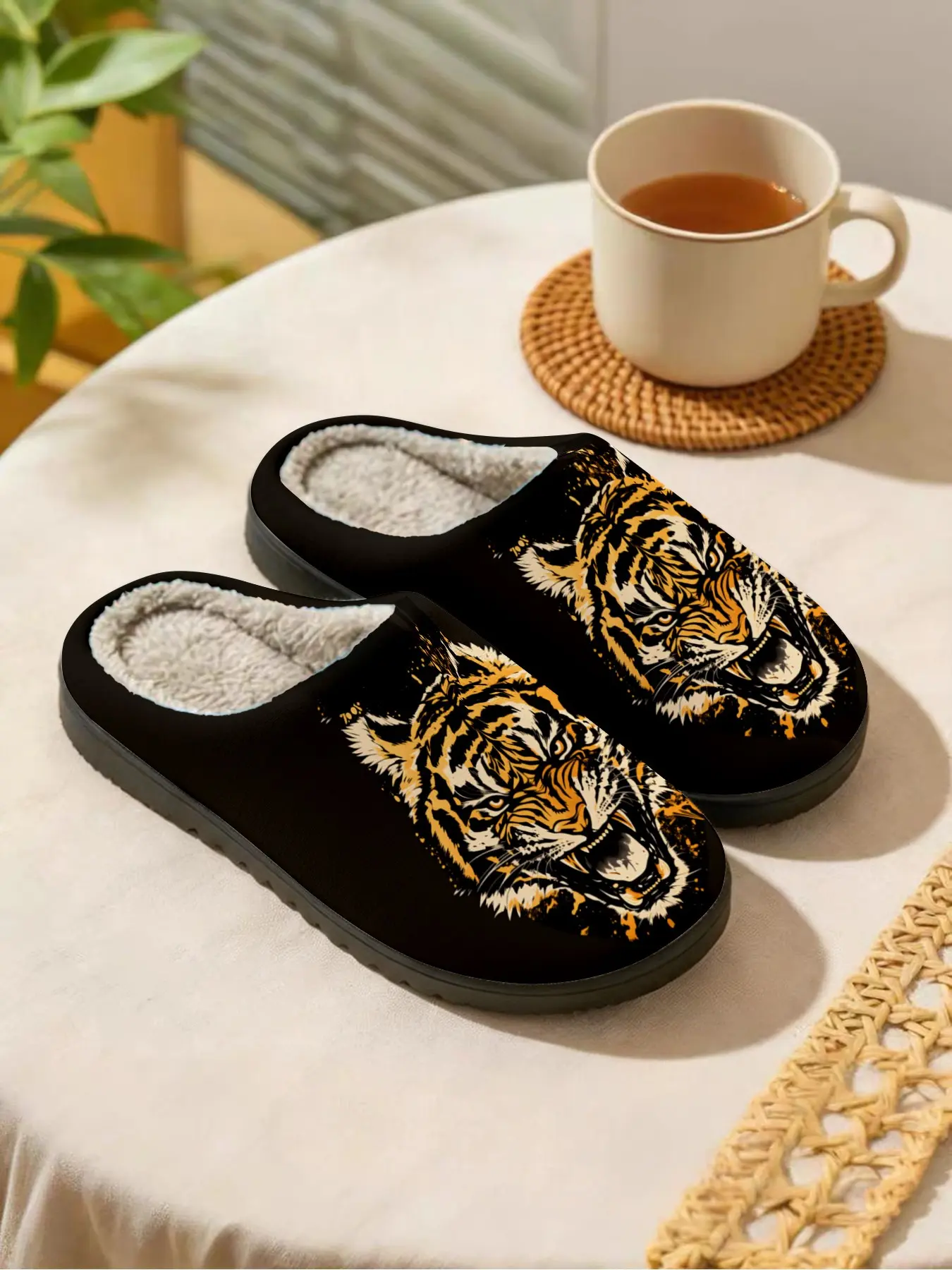 Wild Tiger Plush Slippers, Cool Street Style, Fleece Warm Lock Temperature, Anti-Slip Sole, Geometric Design, Winter Home Wear