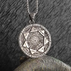 Seven Angels Magic Circle Necklace for Men — Vintage Round Talisman Pendant in Eco-Friendly Alloy, Occult Symbol Pendant with Detailed Engraving, Hypoallergenic Rustic Finish on Adjustable Leather Cord, Spiritual Gothic Fashion Jewelry for Everyday Wear