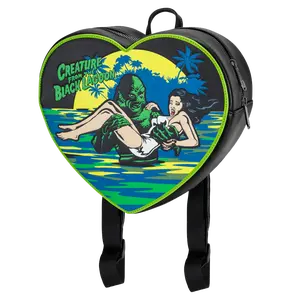 Rock Rebel Creature From the Black Lagoon Heart Backpack - Unisex Vegan PU Leather Embroidered Artwork Adjustable Straps Glow in the Dark Zipper