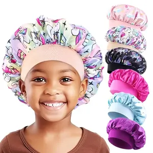 6pcs Set Unicorn Cartoon Colorful Print Bonnet Hair Turban Cap Silky Satin Cap for Toddler Night Sleep Caps Beanie