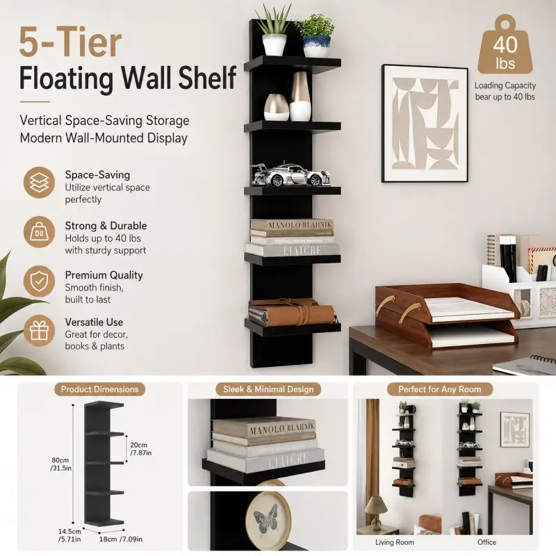 Five-Tier Black Floating Wall Shelf - Ladder Design, Space-Saving Storage Unit, Wall Mounted Organizer, Easy to Install without Metal Tubes, 30.7 Inches High, Suitable for Home, Office, Room Decor - Wall-Mounted Shelf for Organizing Books, Plants (DM148A)