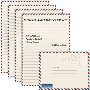 Vintage Airmail Mini Stationery Set, 100 Piece Set (50 Lined Sheets + 50 Matching Envelopes), 5.5 x 8.25 inch, Double Sided Printing, Double Side Lined Paper
