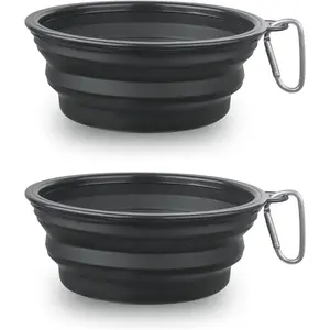2 Pack Large Collapsible Dog Water Bowls for Cats Dogs Portable Pet Feeding Watering Dish for Walking Travel Parking with 2 Carabiners (Large, Black+Black)
