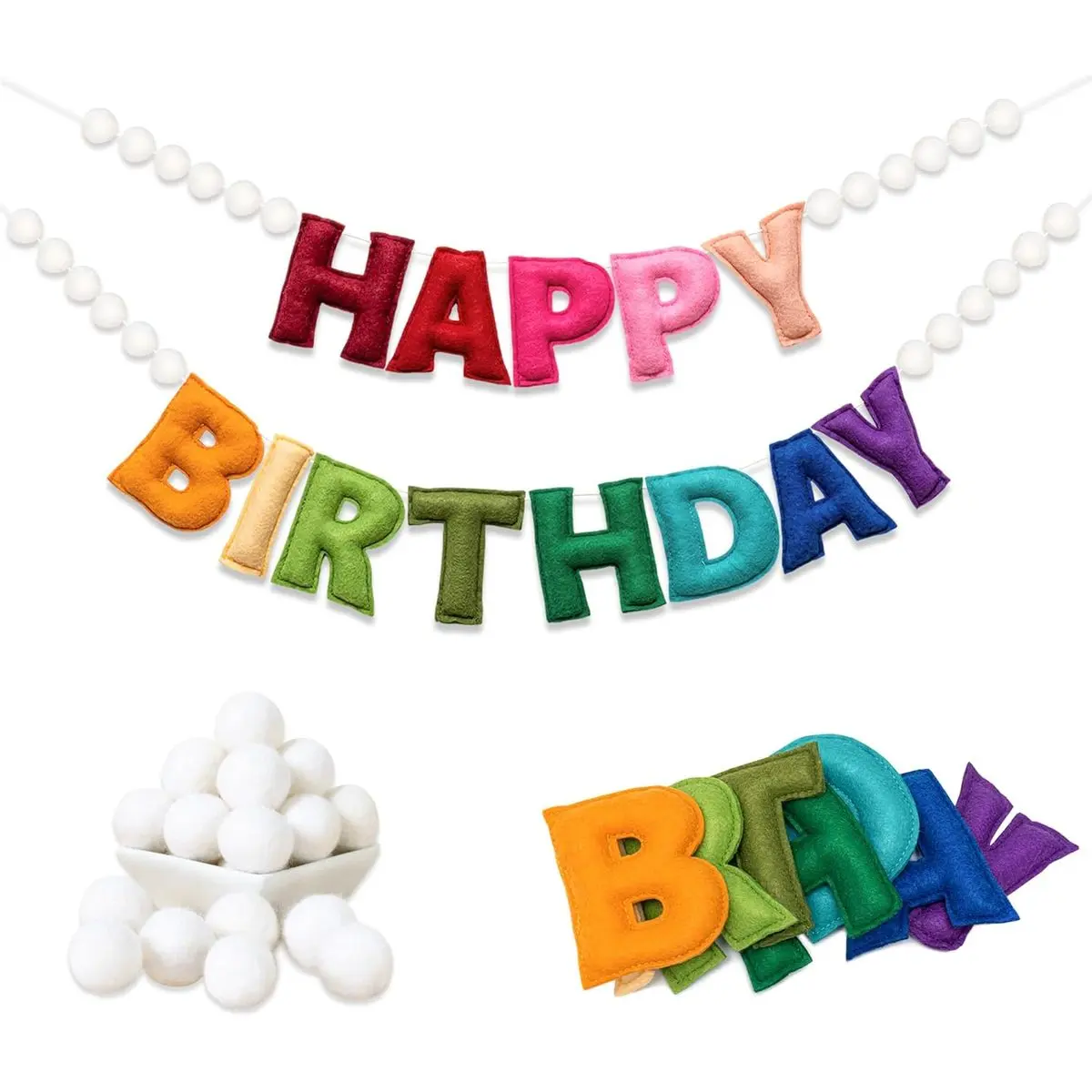 Upgraded Rainbow Birthday Banner with White Balls